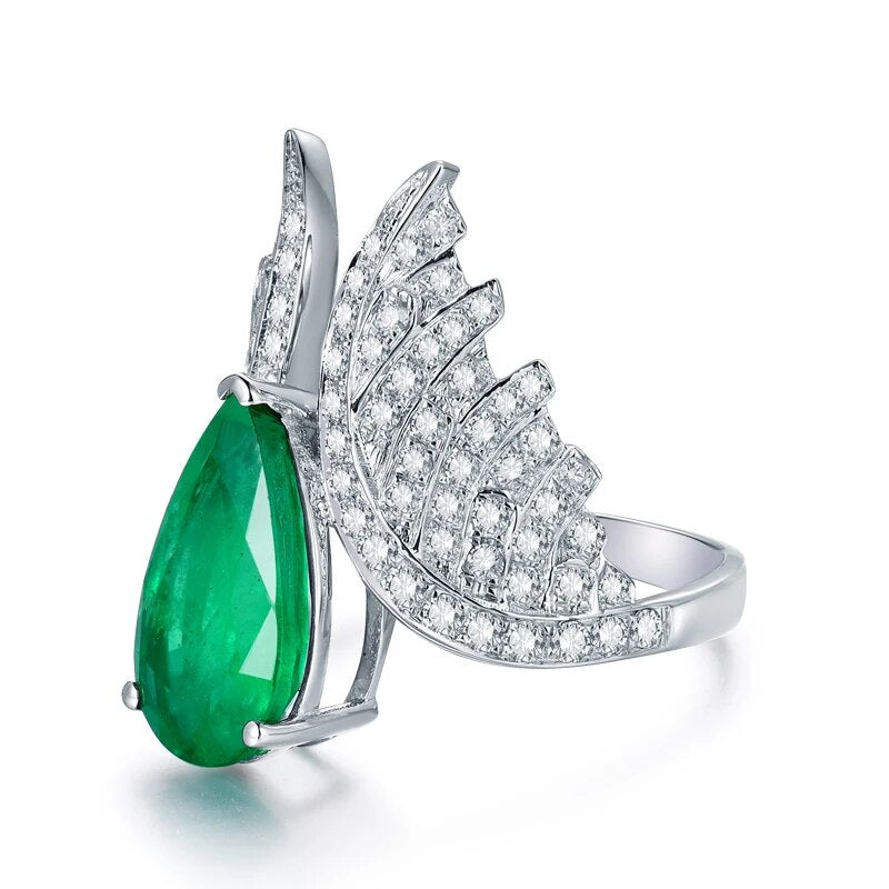 Angel Wings Rings Women 18Kt White Gold Natural Heart Cut Emerald Stones Genuine Diamonds Engagement Ring For Yound Lady Jewelry