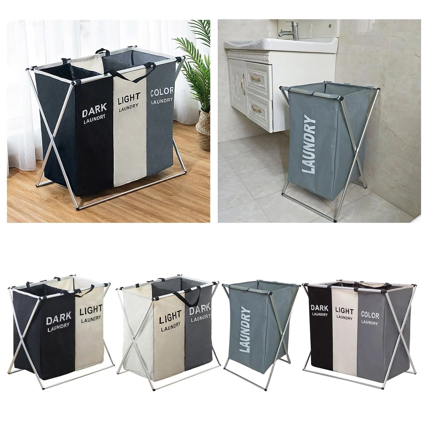 Laundry Hamper Sorter Aluminum  Basket with 3 Section, Thick Cotton & Linen, Mesh Bundle Pocket with Handles Collapsible