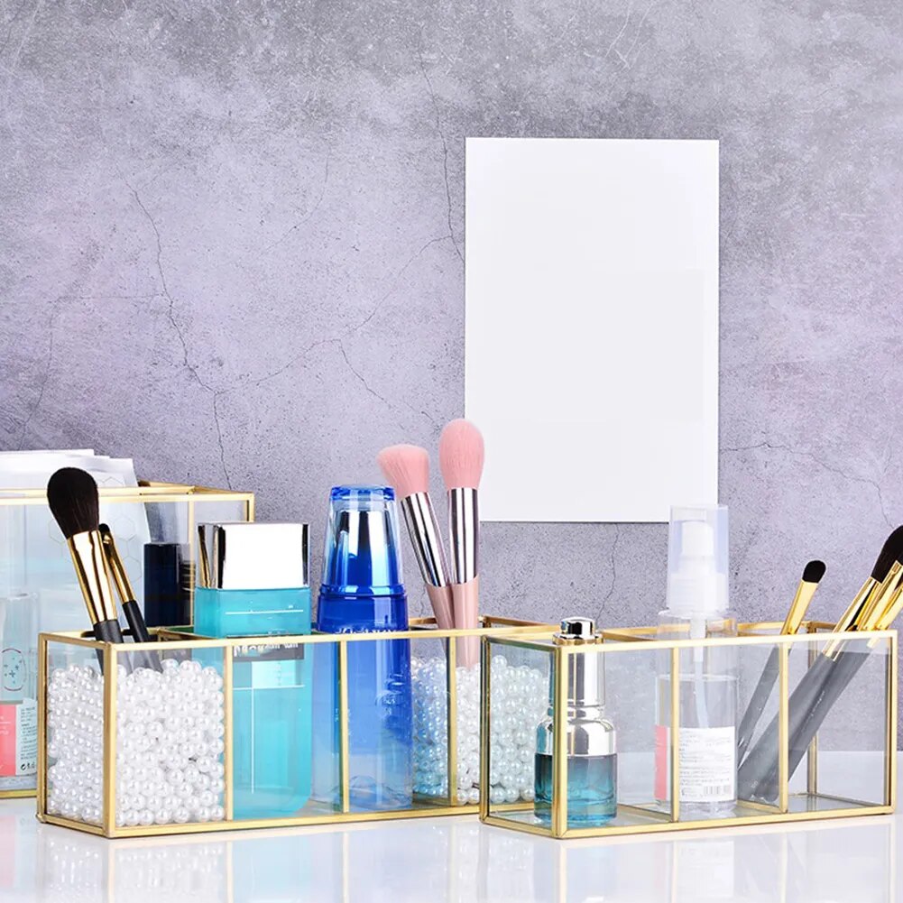 Transparent Glass Makeup Brush Storage Box Gold Cosmetics Container Ring Pencil Lipstick Holder Make Up Brushes Organizer