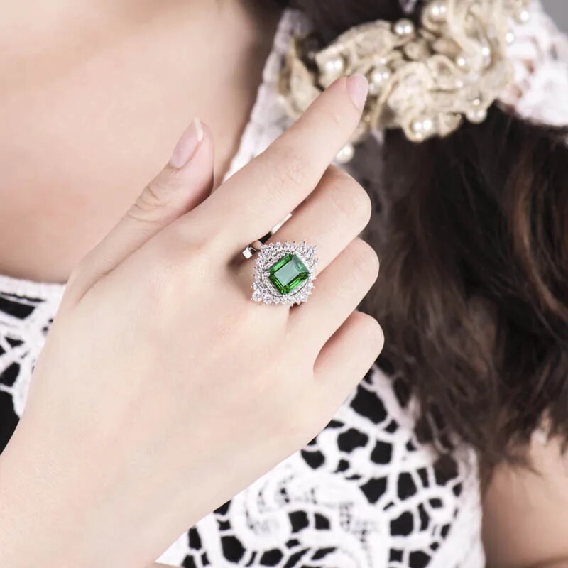 LOVERJEWELRY Emerald Ring 18Kt White Gold Natural Green Emerald Gemstone SI Diamonds Wedding Engagement Emerald Rings For Women