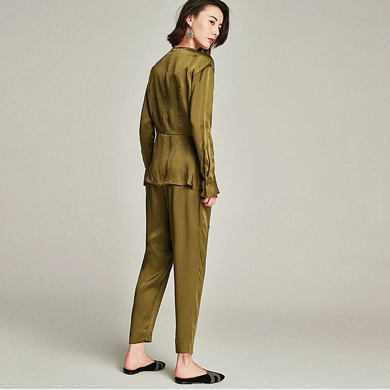 High-end 100% Heavy Silk Suit Women Wrapped Silk Two-piece Suit Long Sleeves Casual Pockets Pants Suits For Women New Fashion