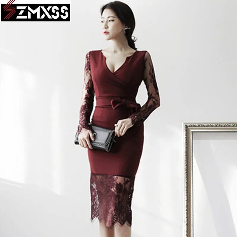 SZMXSS 2021 Korean Version Autumn New Women's Clothing V-Neck Pleated Slim Printed Pencil Dress Long-Sleeved Mini Dresses