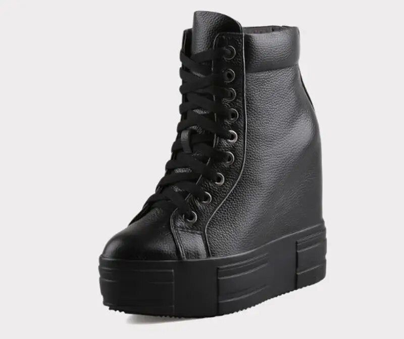Cyabmoz Genuine Leather Height increasing Shoes Women Wedge Platform Casual Sneakers Hidden High heels Party Ladies Black Shoes