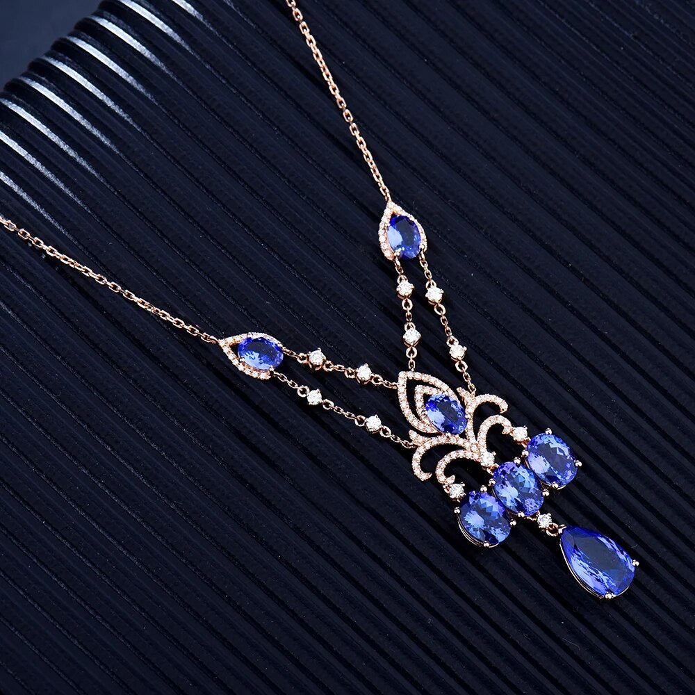 LOVERJEWELRY Tanzanite Pendant Necklace Pure 18Kt Rose Gold 10.36ct 100% Natural Tanzanite GEM With Diamonds Necklace for Women