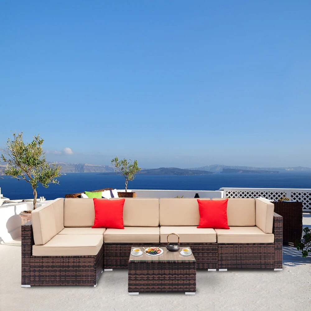 Patio Furniture Set Fully Equipped Weaving Rattan Sofa Set with 2pcs Corner Sofas & 4pcs Single Sofas & 1 pcs Coffee Table Brown