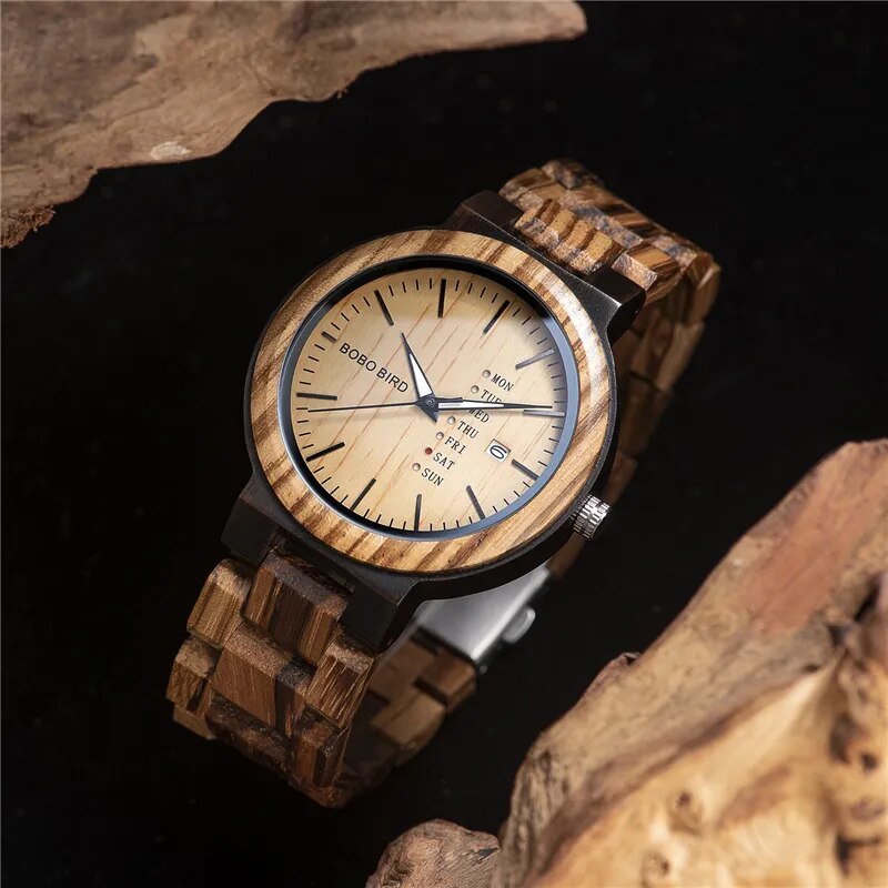 BOBO BIRD Men Wristwatches Quartz Movement Complete Calendar Wood Watch Week Display relogio masculino in Gift Box