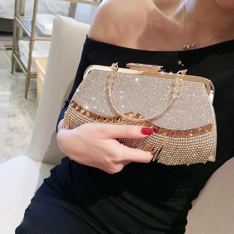 Women's Wedding Clutch Bag Luxury Rhinestone Tassel Handbag Banquet Gold Evening Bag Party Purse Chain Shoulder Bag ZD1776