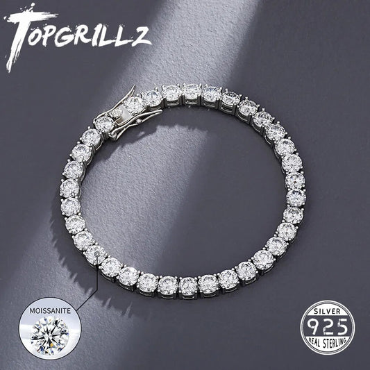 TOPGRILLZ 925 Sterling Silver D Color Moissanite Bracelet 3-5mm Round Cut Tennis Bracelet High Quality Hip Hop Fashion Jewelry