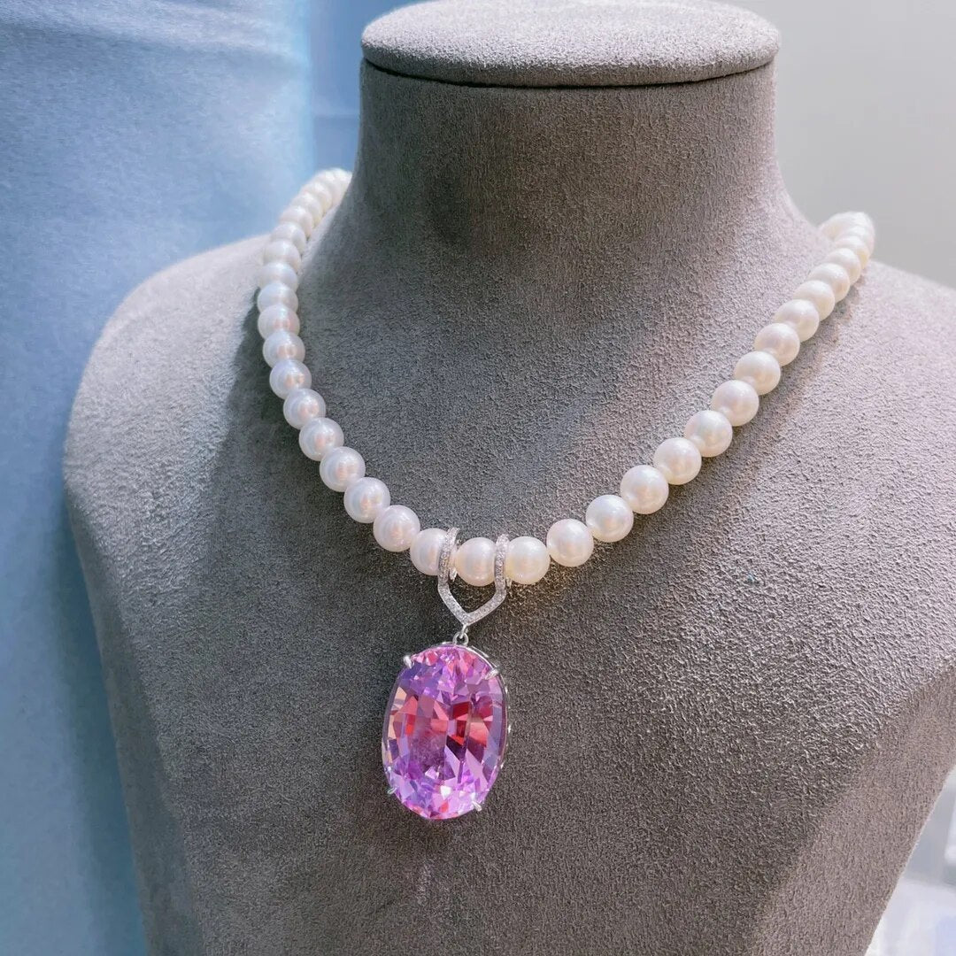 LR713 Fine Jewelry Real Pure 18K White Gold Jewelry 100% Natural Kunzite 35ct Gemstone Diamonds Pendant Neckalces for Women