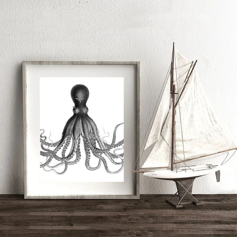 Octopus Triptych Posters and Prints Nautical Wall Art Canvas Painting Bodner Octopus Black White Pictures Bathroom Home Decor