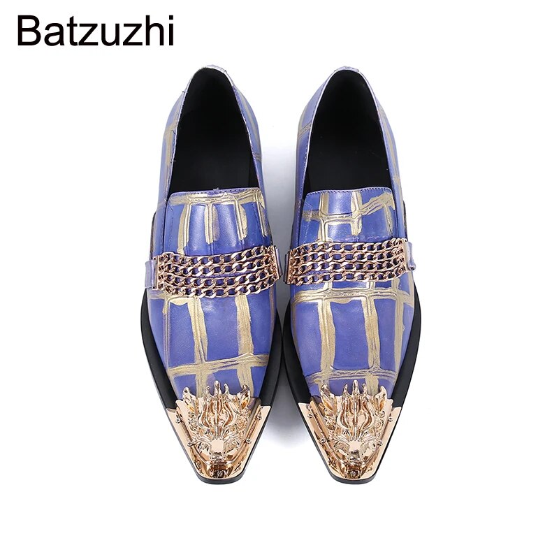 Batzuzhi Italian Style Men's Shoes Gold Metal Toe Genuine Leather Dress Shoes for Men's Business, Party and Wedding, Big EU38-46