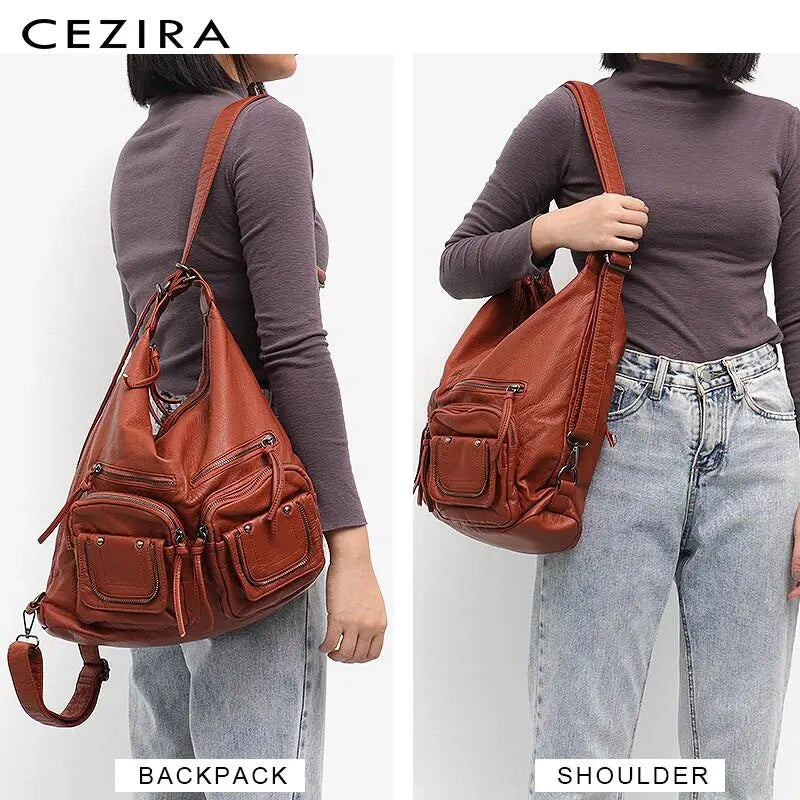 CEZIRA Large Soft Casual Women Bags Functional Girl School Backpack PU Leather Bag Ladies Multi Pockets Messenger&Shoulder Bag