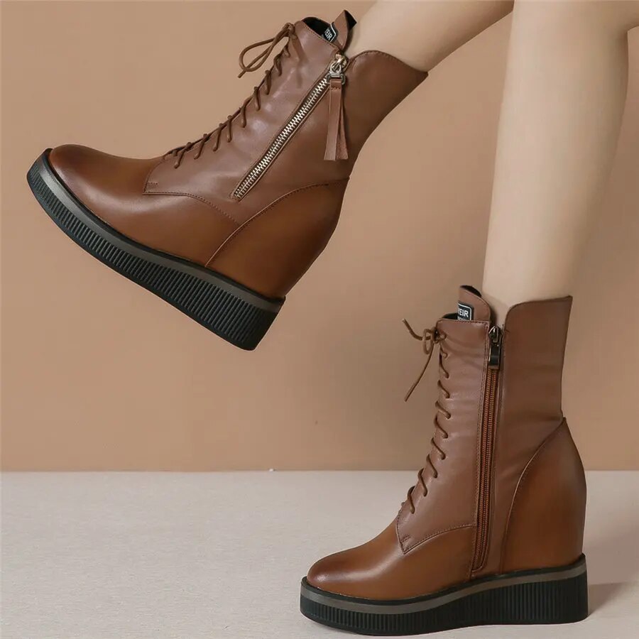 Platform Trainers Women Lace Up Cow Leather Wedges High Heel Pumps Shoes Female High Top Round Toe Fashion Sneakers Casual Shoes