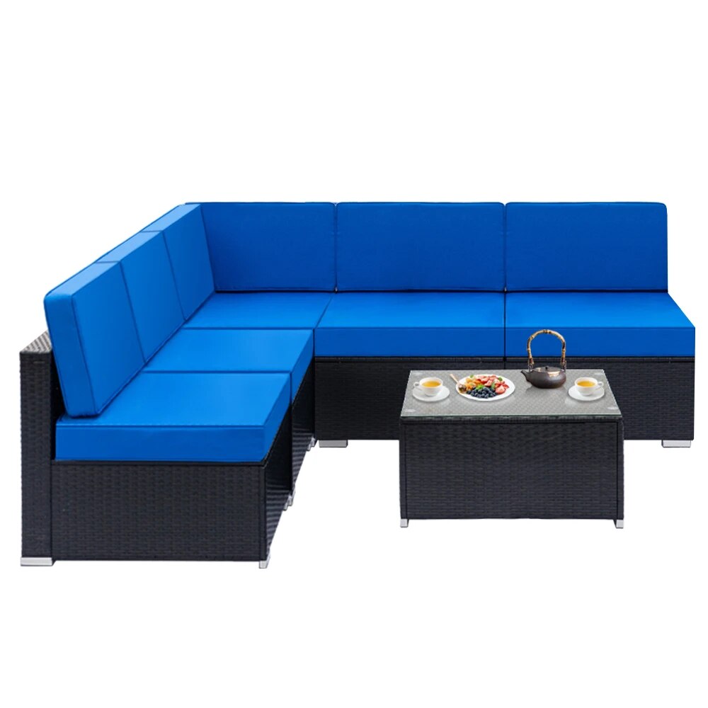 Two Styles Patio Furniture Set 6 Pieces Patio PE Wicker Rattan Corner Sofa Blue  US Warehouse In Stock