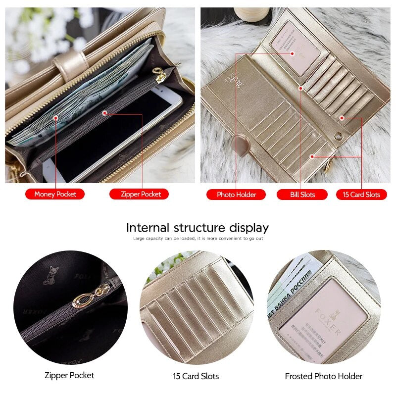 FOXER Brand Women's Long Cow Leather Wallets Ladies Clutch Bags Famous Designer Purses Women Purse Fashion Female Cowhide Wallet
