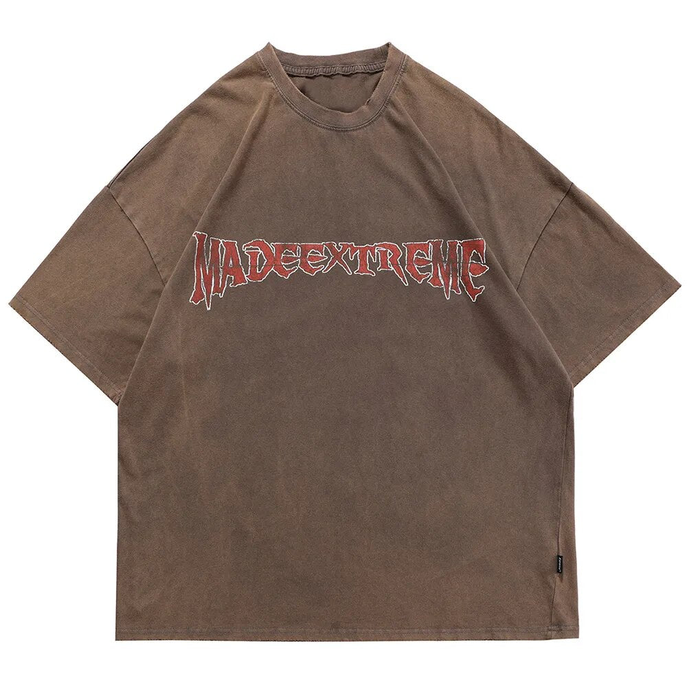 Aolamegs Men's Tee Shirts Ancient Culture Letter Print Distressed T Shirt Men Loose Retro High Street Hip Hop Streetwear Summer