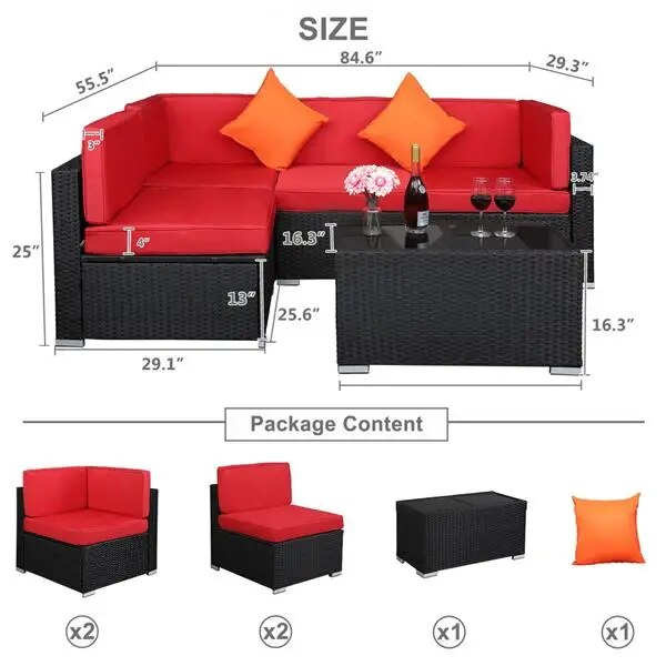 Rattan Furniture Set 5 Piece Patio Waterproof Durable 2 Corner/Armless Sofa 1 Insulated Coffee Table 10 Cushions 2 Hold Pillows