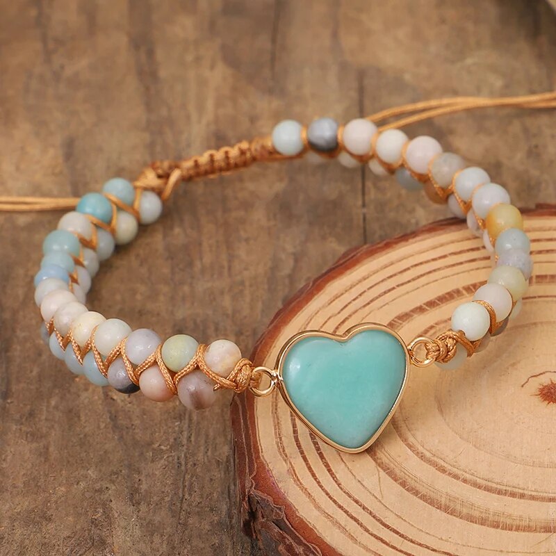 Handmade Jewelry Amazonite Heart Shape Charm Bracelets for women String Braided Macrame Bracelets Lover Wrap Bracelet Femme