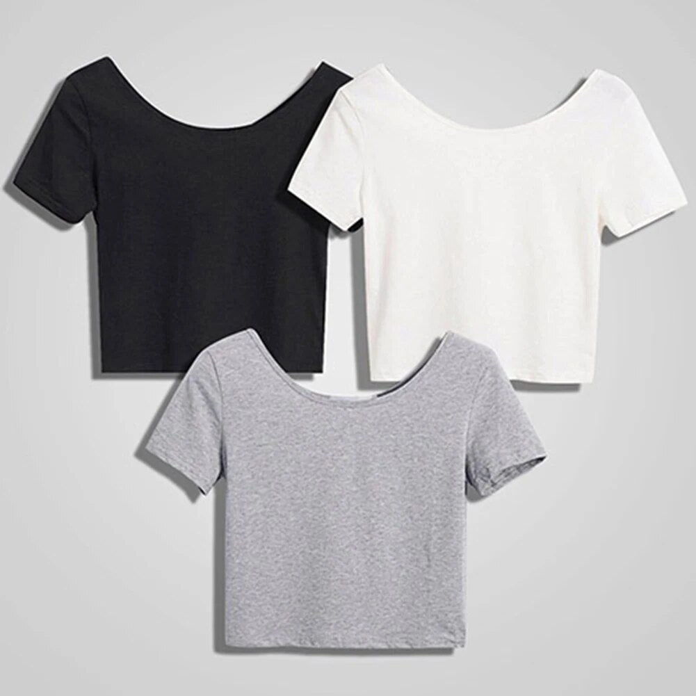 Sexy Black U Neck Crop Top Ladies Cotton Short Sleeve Women Clothes Harajuku Woman Tshirts Tee Korean T Shirt Women Top