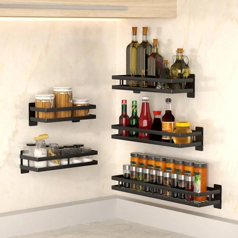 Kichen Organizer Kitchen Condiment Rack Storage Rack Nail-free Black Stainless Steel Removable for Easy Cleaning