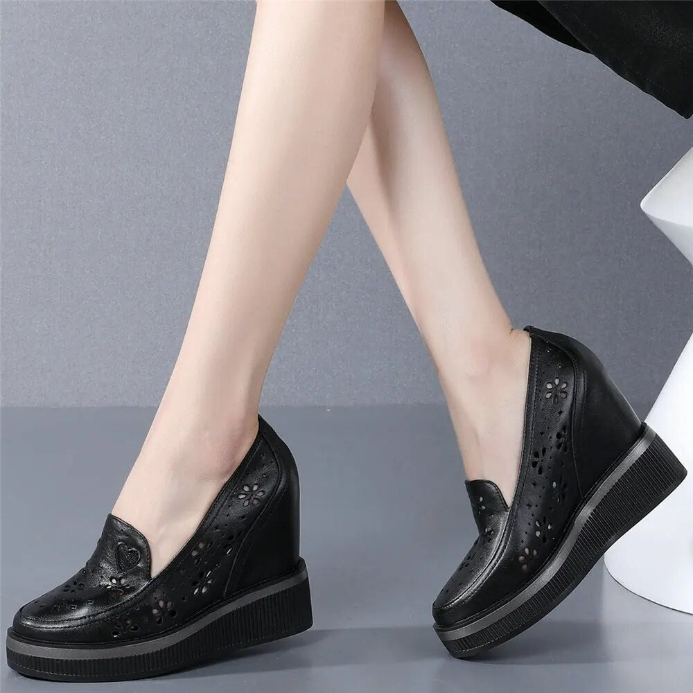 Fashion Sneakers Women Hollow Genuine Leather Wedges High Heel Ankle Boots Female Round Toe Platform Oxfords Shoes Casual Shoes