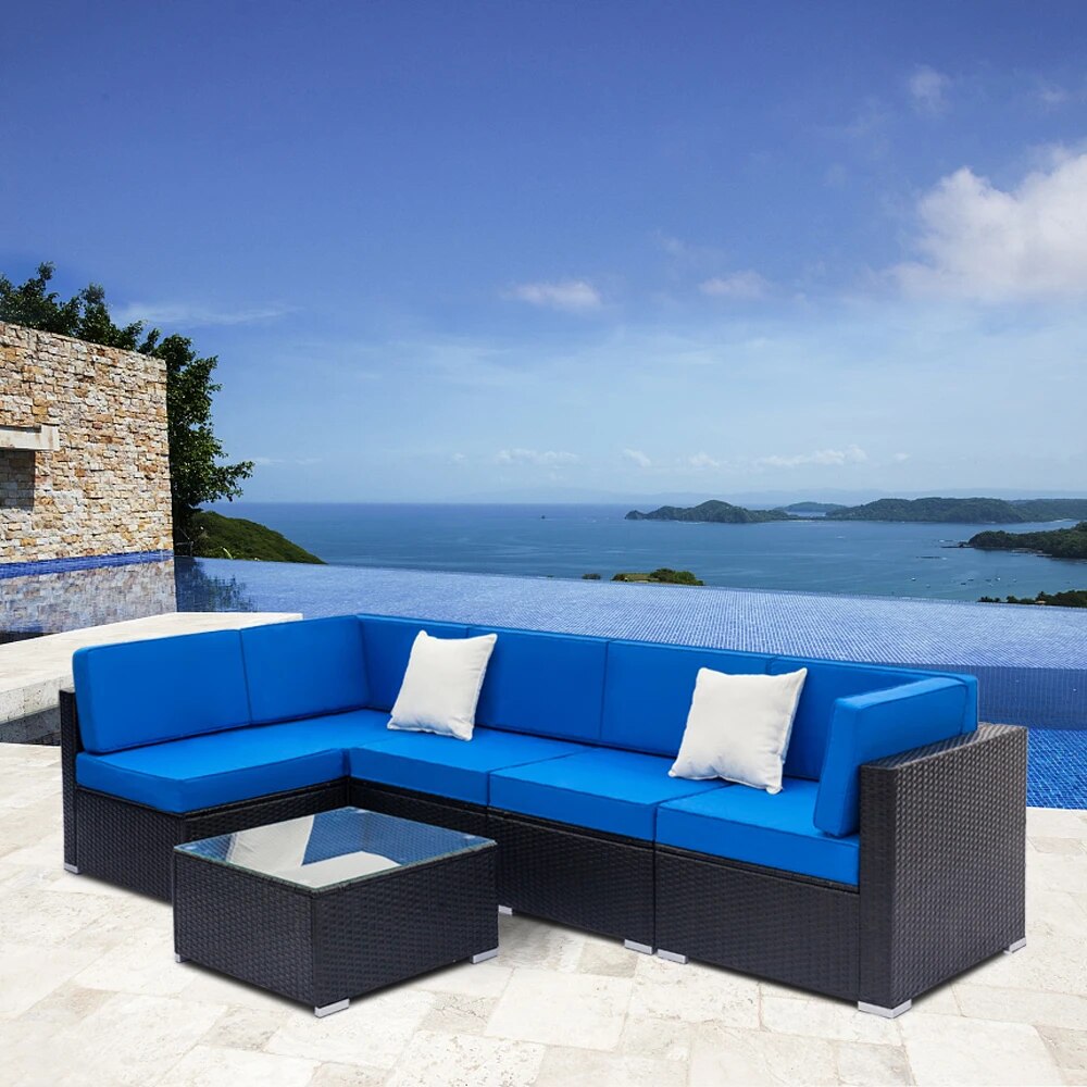 Two Styles Patio Furniture Set 6 Pieces Patio PE Wicker Rattan Corner Sofa Blue  US Warehouse In Stock