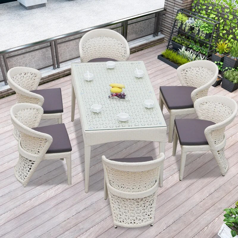 Outdoor Dining Set 7 pcs Metal frame table and chairs garden rattan Wicker furniture Rectangular table party Set for Swing Pool