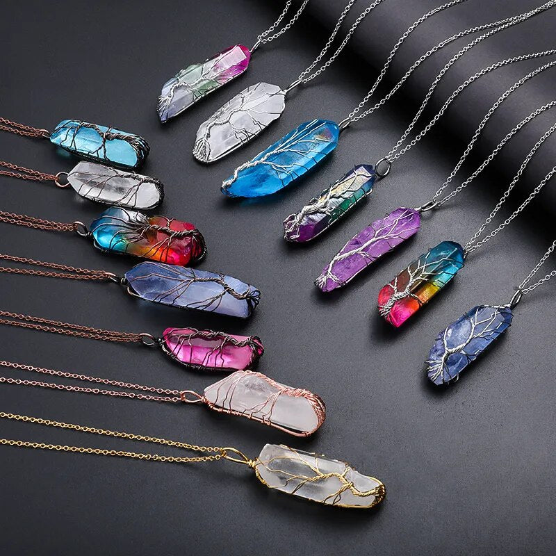 Vintage Reiki Natural Stone Crystal Pendant Necklace Women Men  Wire Wrap Tree of Life Pendants Pendulum Gems Rainbow Jewelry