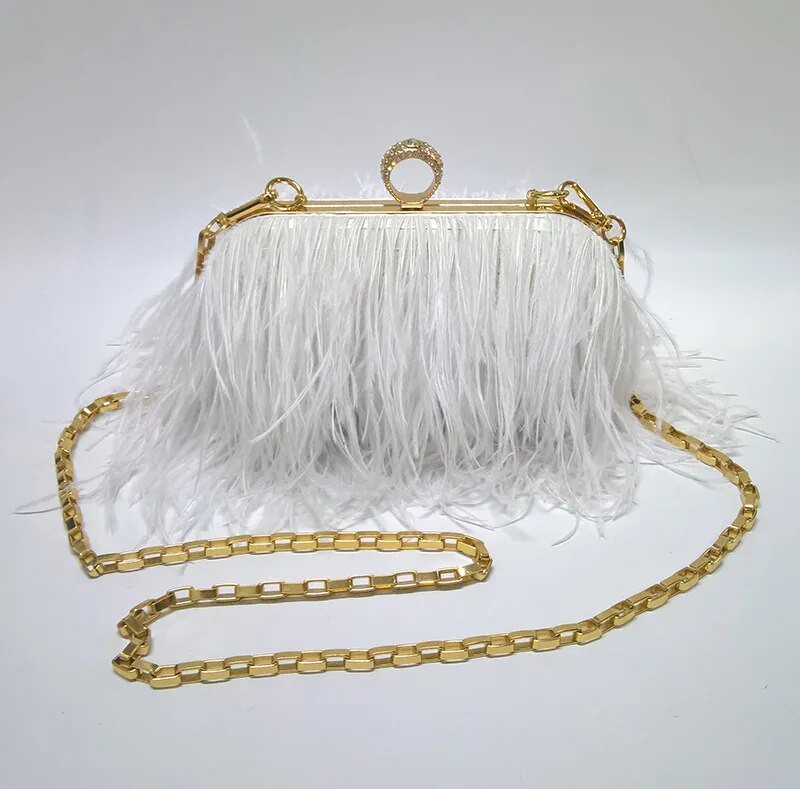 Designer Ostrich Fur Feather Wallet Clutch Bag Women Clutch Diamond Knuckle Rings Dinner Evening Bag Chain Purses Party XA531H