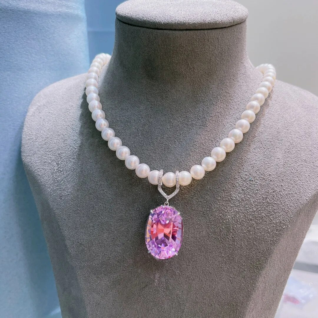LR713 Fine Jewelry Real Pure 18K White Gold Jewelry 100% Natural Kunzite 35ct Gemstone Diamonds Pendant Neckalces for Women