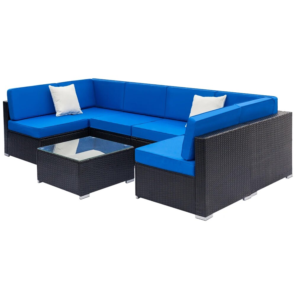 Patio Furniture Set Fully Equipped Weaving Rattan Sofa Set with 2pcs Corner Sofas & 4pcs Single Sofas & 1 pcs Coffee Table Black
