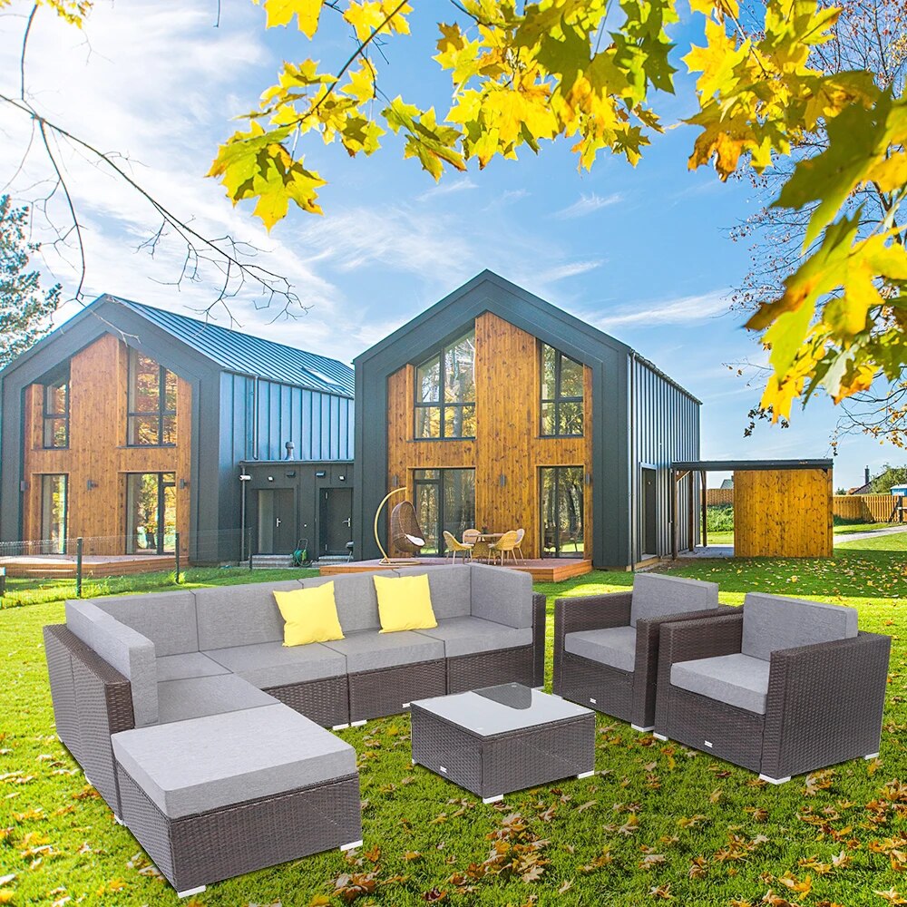 Two Styles US Warehouse 9 Pcs Outdoor Furniture Rattan Wicker Sofa Patio Couch Set  Outdoor Furniture Set