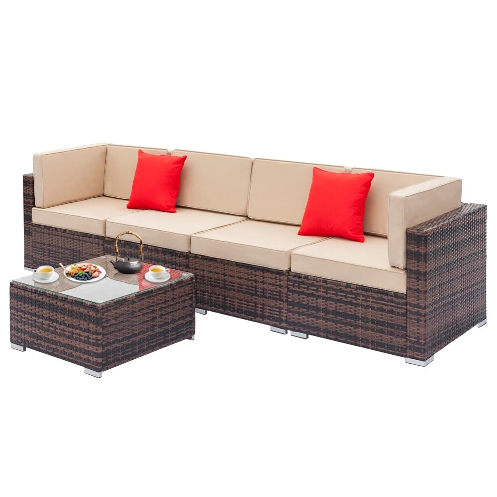 Patio Furniture Set Fully Equipped Weaving Rattan Sofa Set with 2pcs Corner Sofas & 2pcs Single Sofas & 1 pcs Coffee Table Brown