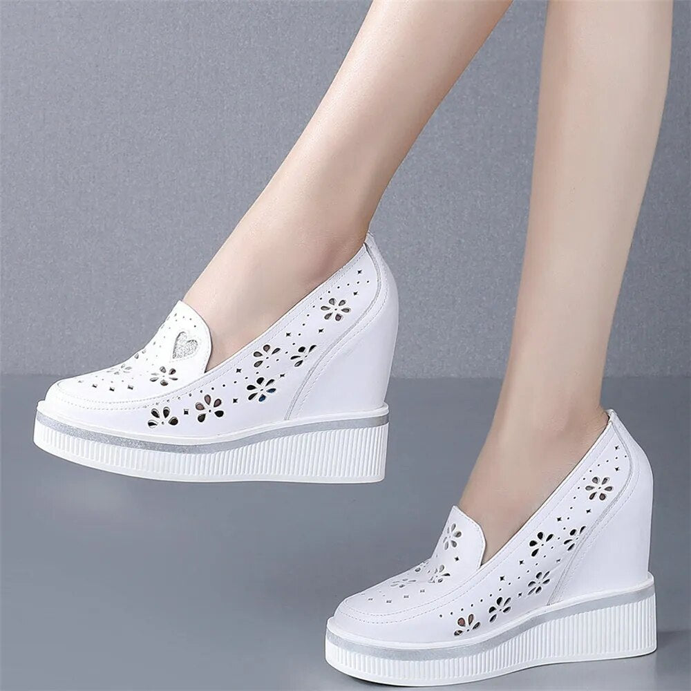 Fashion Sneakers Women Hollow Genuine Leather Wedges High Heel Ankle Boots Female Round Toe Platform Oxfords Shoes Casual Shoes