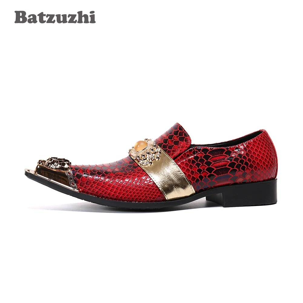 Batzuzhi Luxury Handmade Men's Shoes Gold Metal Toe Genuine Leather Dress Shoes Men Red Party and Wedding Zapatos Hombre, US6-12