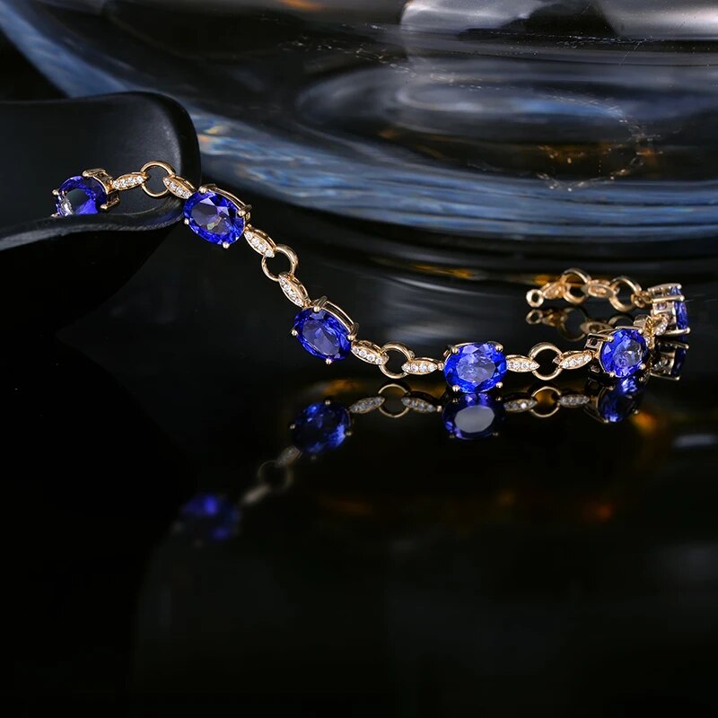LOVERJEWELRY Lady Tanzanite Bracelets Gold Yellow Pure 14Kt AU585 Natural Blue Tanzanite Gemstones With Diamonds Women Bracelet