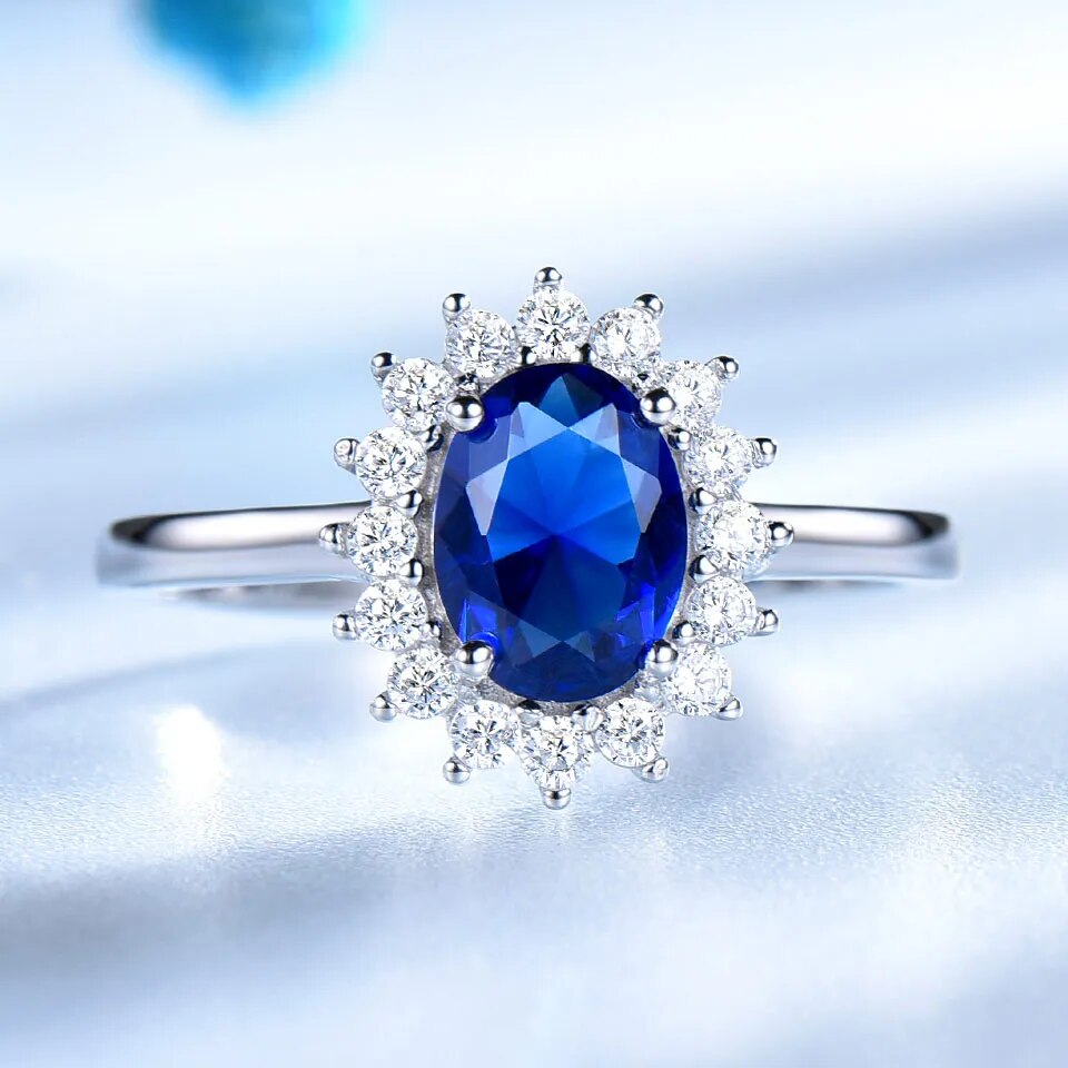 UMCHO Luxury Blue Sapphire Princess Diana Rings for Women Genuine 925 Sterling Silver Romantic Engagement Ring Wedding Jewelry