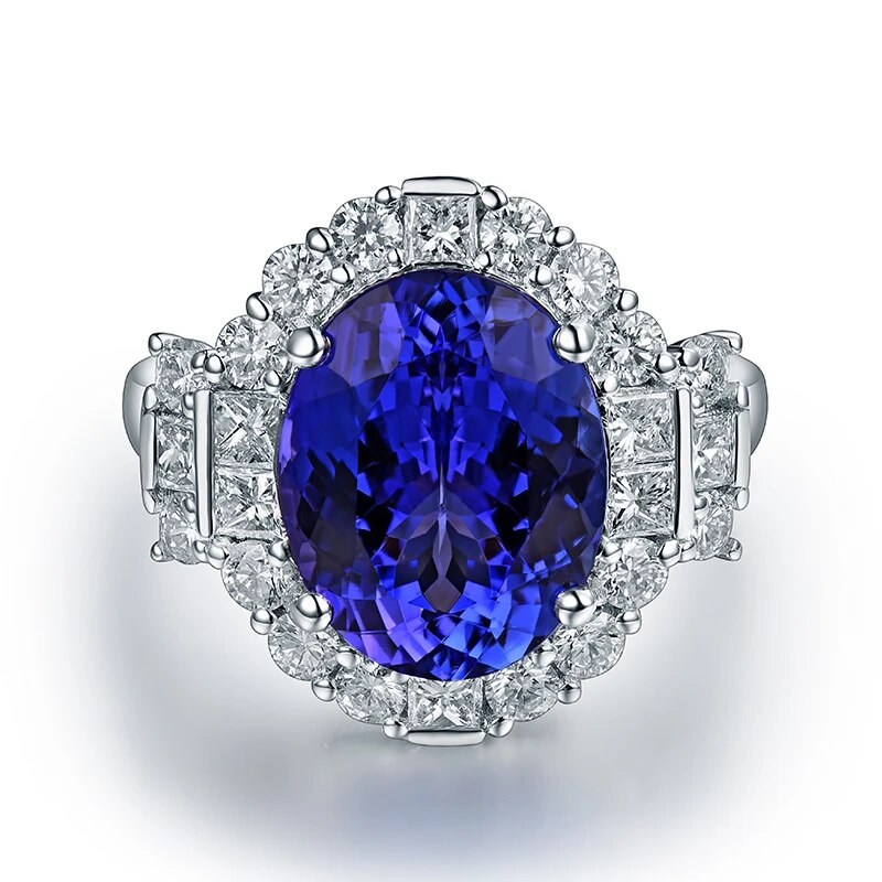 LOVERJEWELRY Natural Blue Tanzanite Stone Oval Cut 10x12mm Real 18Kt White Gold Rings 1.33ct Diamonds Tanzanite Ring For Women