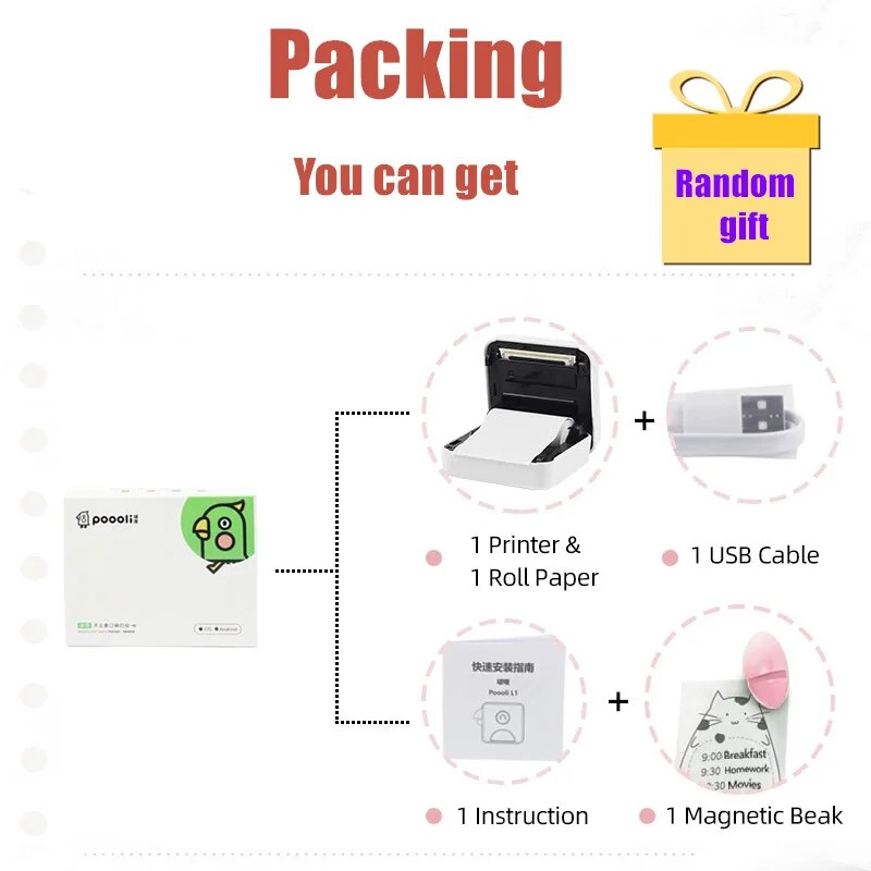 Poooli Mini Portable Thermal Printer Paper Photo Pocket Thermal Printer 58 mm Printing Wireless Bluetooth Android IOS Printers
