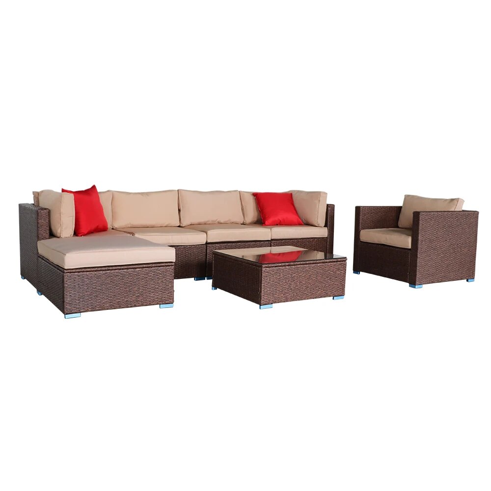 US Warehouse Patio Furniture Set 7 Pieces Wood Grain Patio PE Wicker Rattan Corner Sofa Set Outdoor Furniture Set