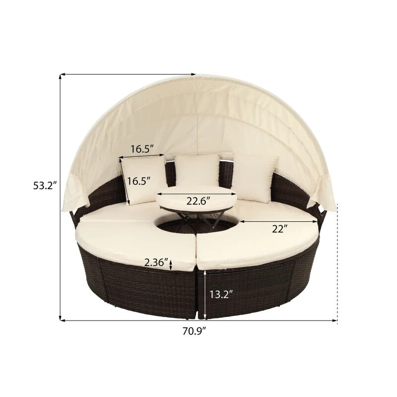 Patio Furniture Round Outdoor Sectional Sofa Set Rattan Daybed Sunbed with Retractable Canopy and Removable Cushion (Beige)