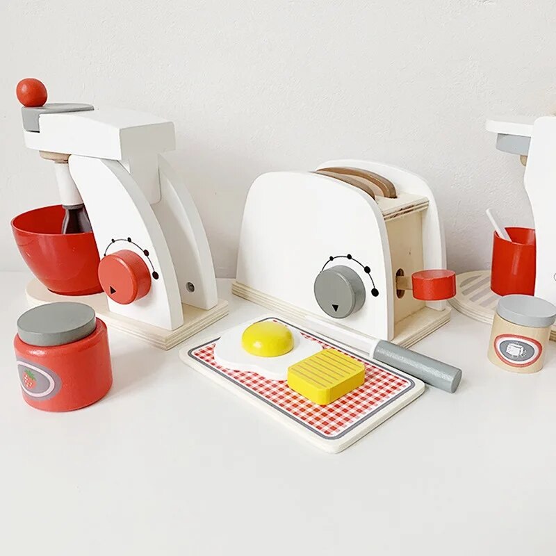 Kids Wooden Pretend Play Sets Simulation Toasters Bread Maker Coffee Machine Blender Baking Kit Game Mixer Kitchen Role Toy