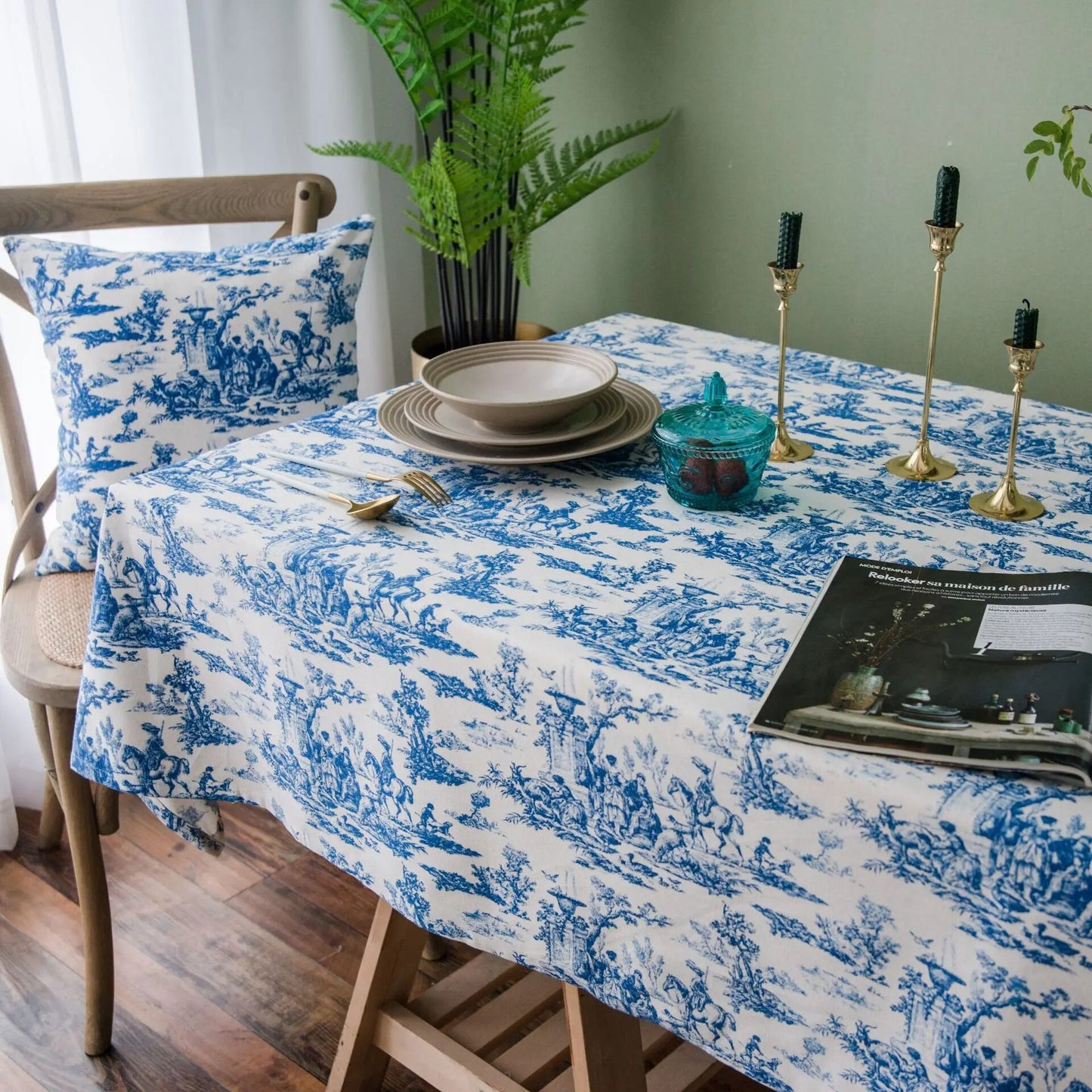 Retro Blue Decorative Table Cloth Rectangular Tablecloths Dining Table Cover Kitchen Obrus Mantel Mesa Home Decor Cushion Cover