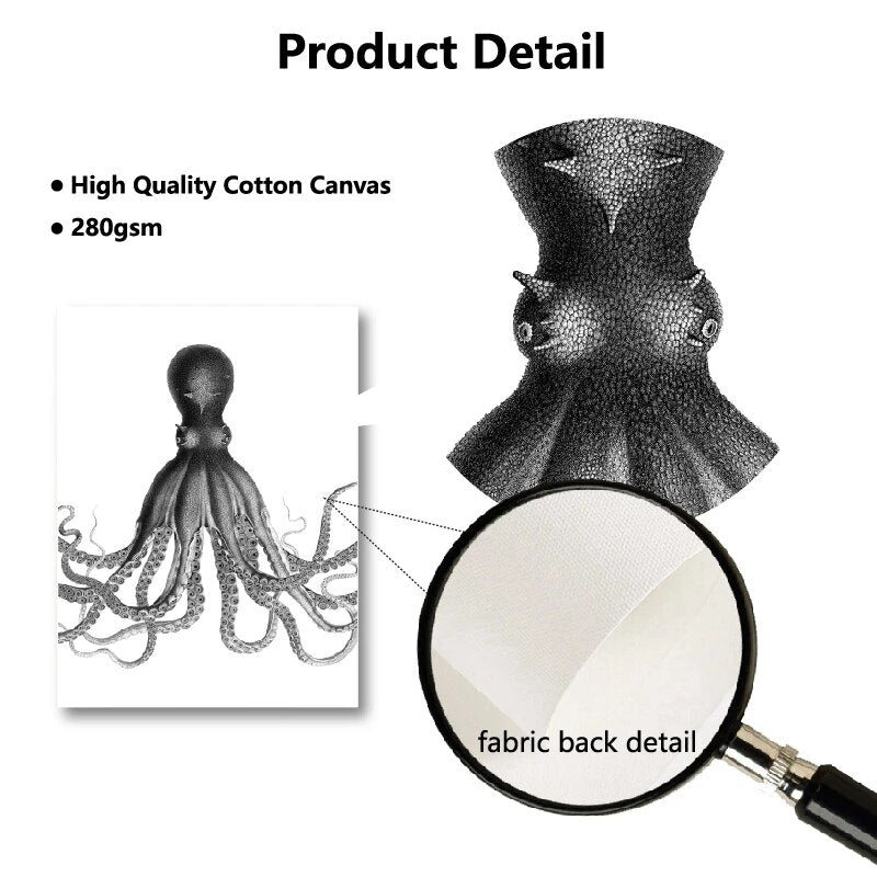 Octopus Triptych Posters and Prints Nautical Wall Art Canvas Painting Bodner Octopus Black White Pictures Bathroom Home Decor