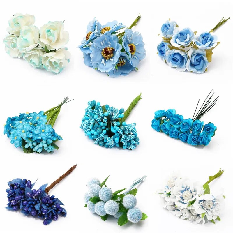 Mix Blue Flower Cherry Stamen Berries Bundle DIY Christmas Wedding Cake Gift Box Wreaths Decor 6/10/12/50/60/70/90/144pcs