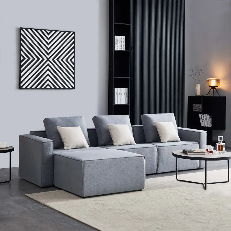 L-Shape Sofa Linen Sectional Sofa With Wide Armrest-Grey Modern 3 Seater Sectional Couch with Ottoman Living Room Furniture Sets