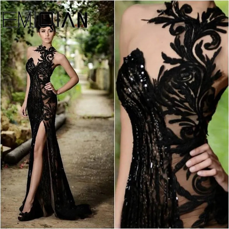 Mermaid Prom Dresses,High Neck Evening Gowns, Sequins Beading High Side Split Long Formal Party Dress - KAISERINC