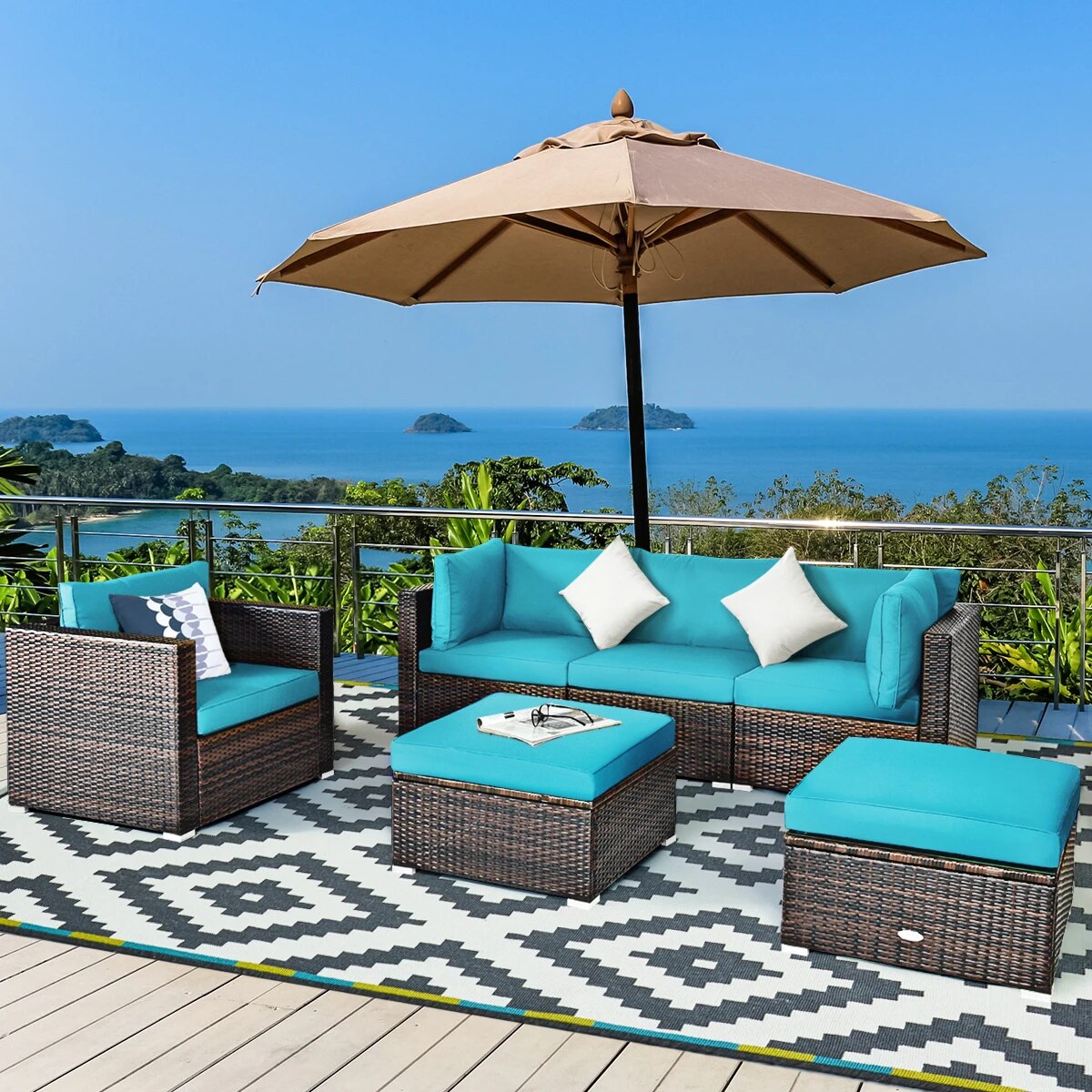 Patiojoy 6PCS Patio Rattan Furniture Set Cushion Sofa Coffee Table Ottoman HW63877