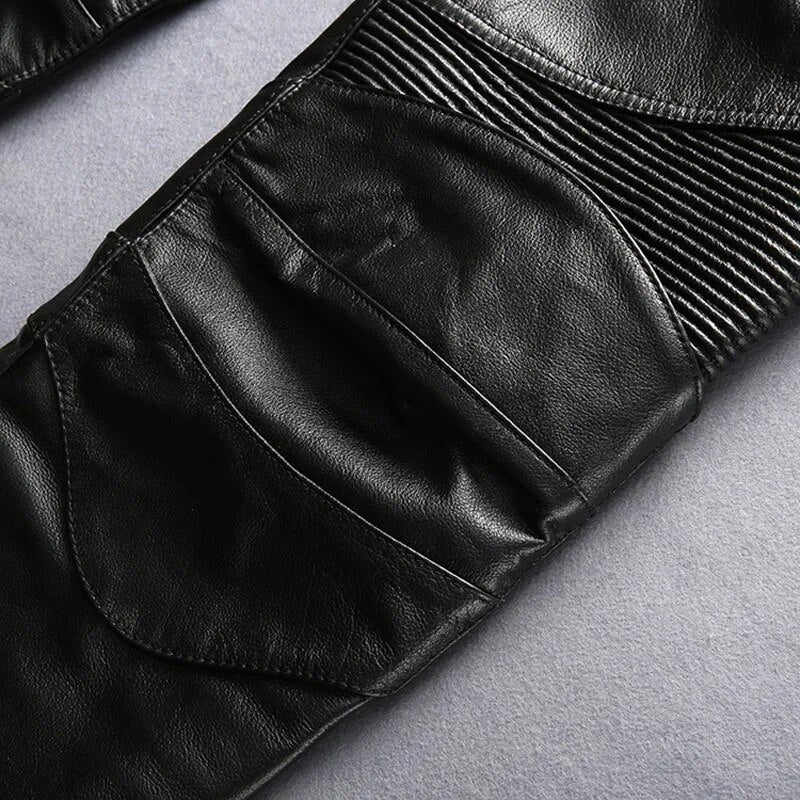 British Style Mens 2022 Winter New Genuine Leather Skinny Pants Biker Thick Black Casual High Quality Vintage Cowhide Pants