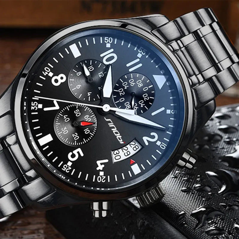 SINOBI High Quality Pilot Men's Chronograph Wrist Watch Waterproof Luxury Brand Stainless Steel Diver Males Geneva Quartz Clock